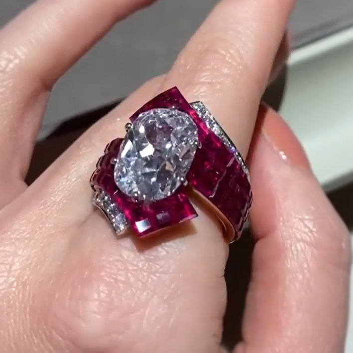 Unique 8 ctw Cushion Cut White Gemstone & Square Cut Ruby Ring -JOSHINY