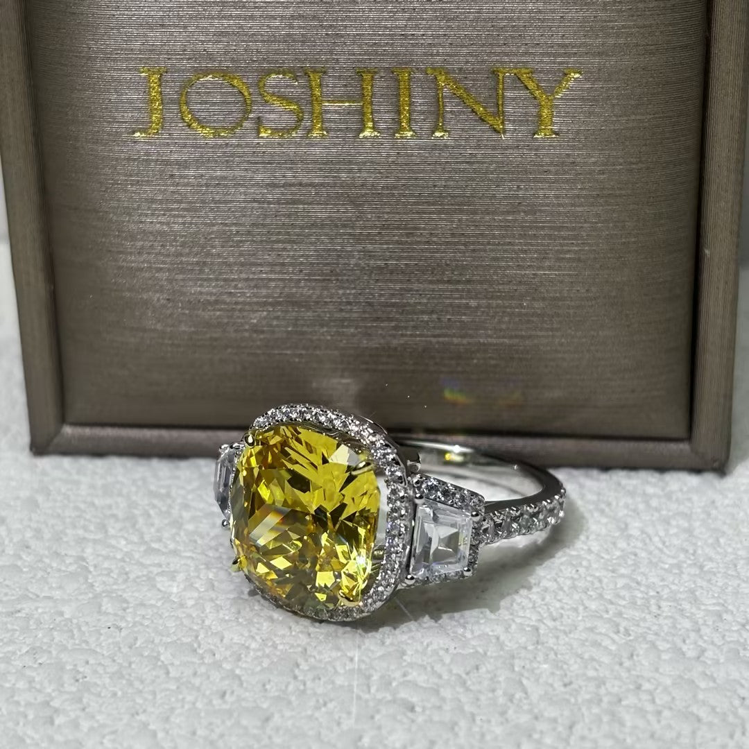 10.24 CTW Cushion Cut Yellow Cubic Zirconia 925 Sterling Silver Ring -JOSHINY