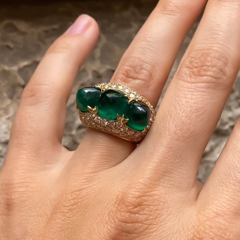 Vintage 16 ctw Sugar Tower Cut Emerald Three Stone Ring -JOSHINY