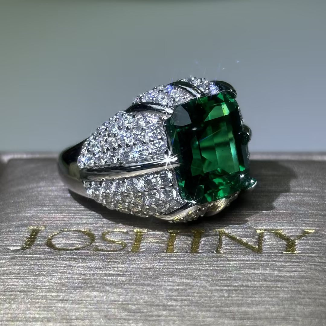Elegant 8 ctw Emerald Cut Emerald Gemstone & Cushion Cut Sapphire Cocktail Ring -JOSHINY