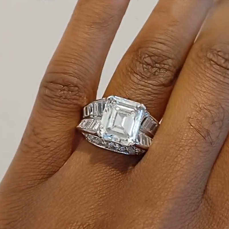 Unique 7 ctw Emerald Cut White Gemstone Engagement Ring -JOSHINY