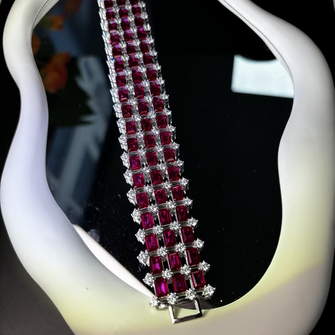 40 Ctw Emerald Cut Red Cubic Zirconia 925 Sterling Silver Bracelet-JOSHINY