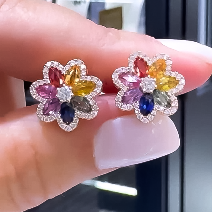 Stylish 3 ctw Marquise & Round Cut Rainbow Flower Stud Earrings -JOSHINY