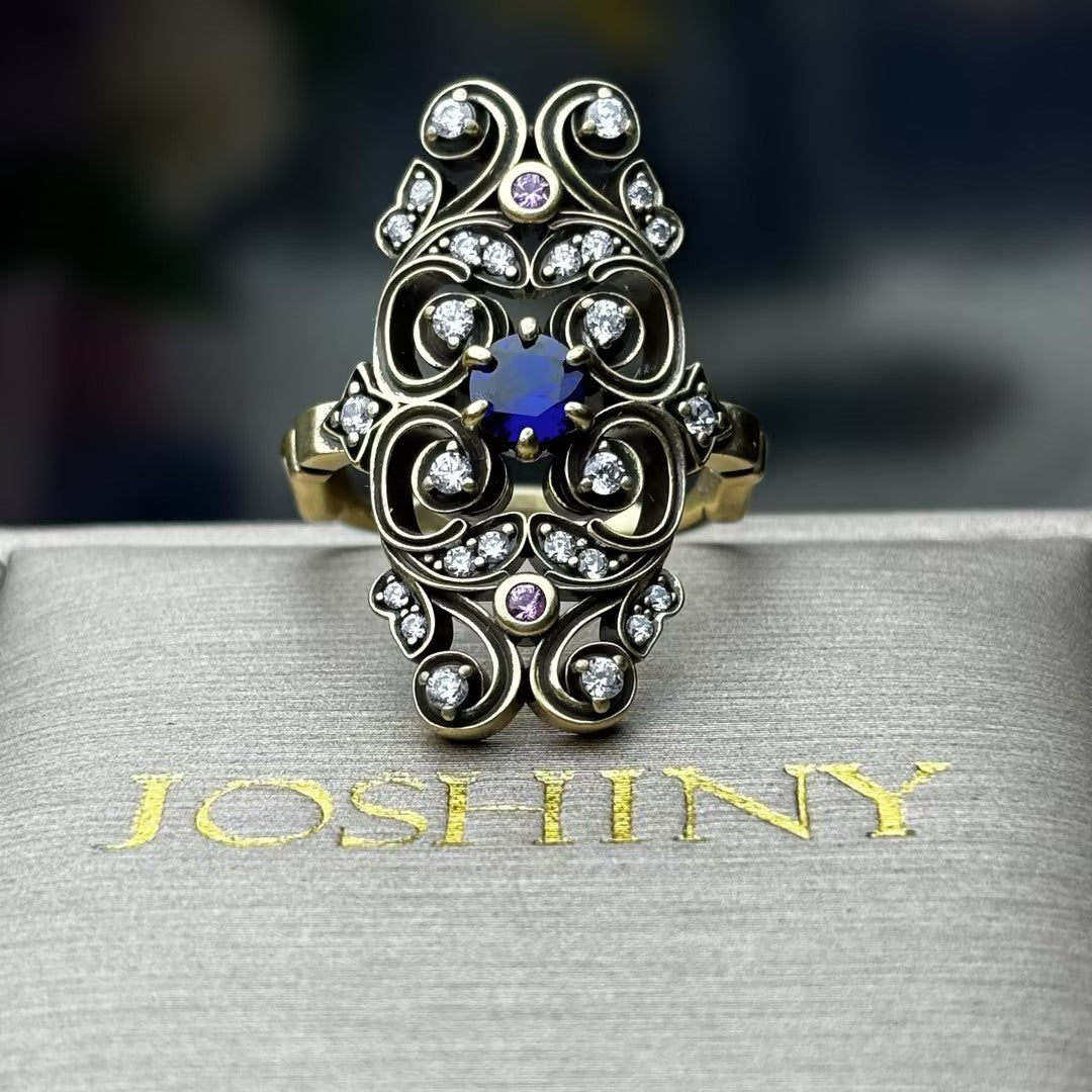 1.01 CTW Round Cut Blue Cubic Zirconia 925 Sterling Silver Vintage Ring -JOSHINY
