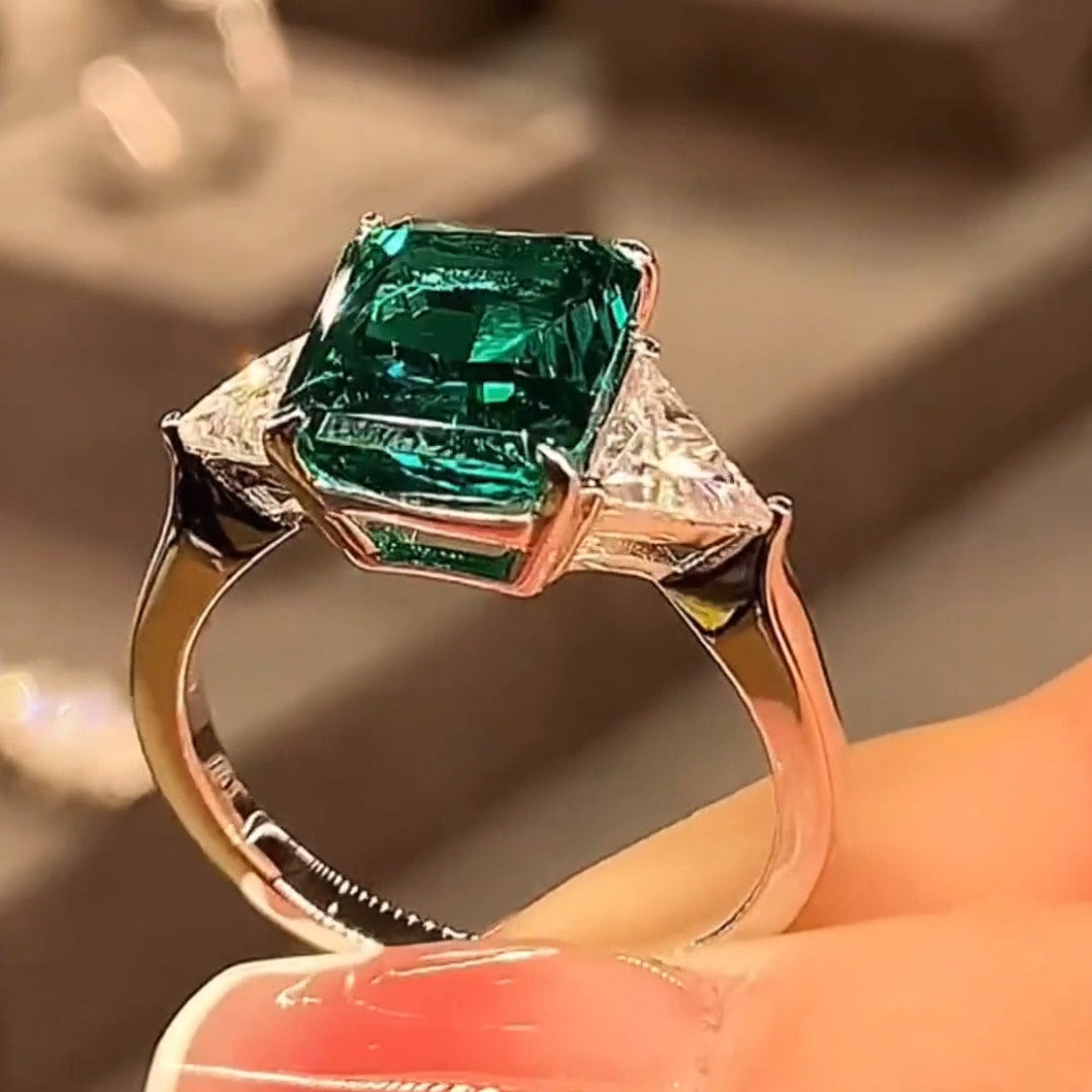 5ctw Radiant Cut Emerald Green Three Stone Ring -JOSHINY