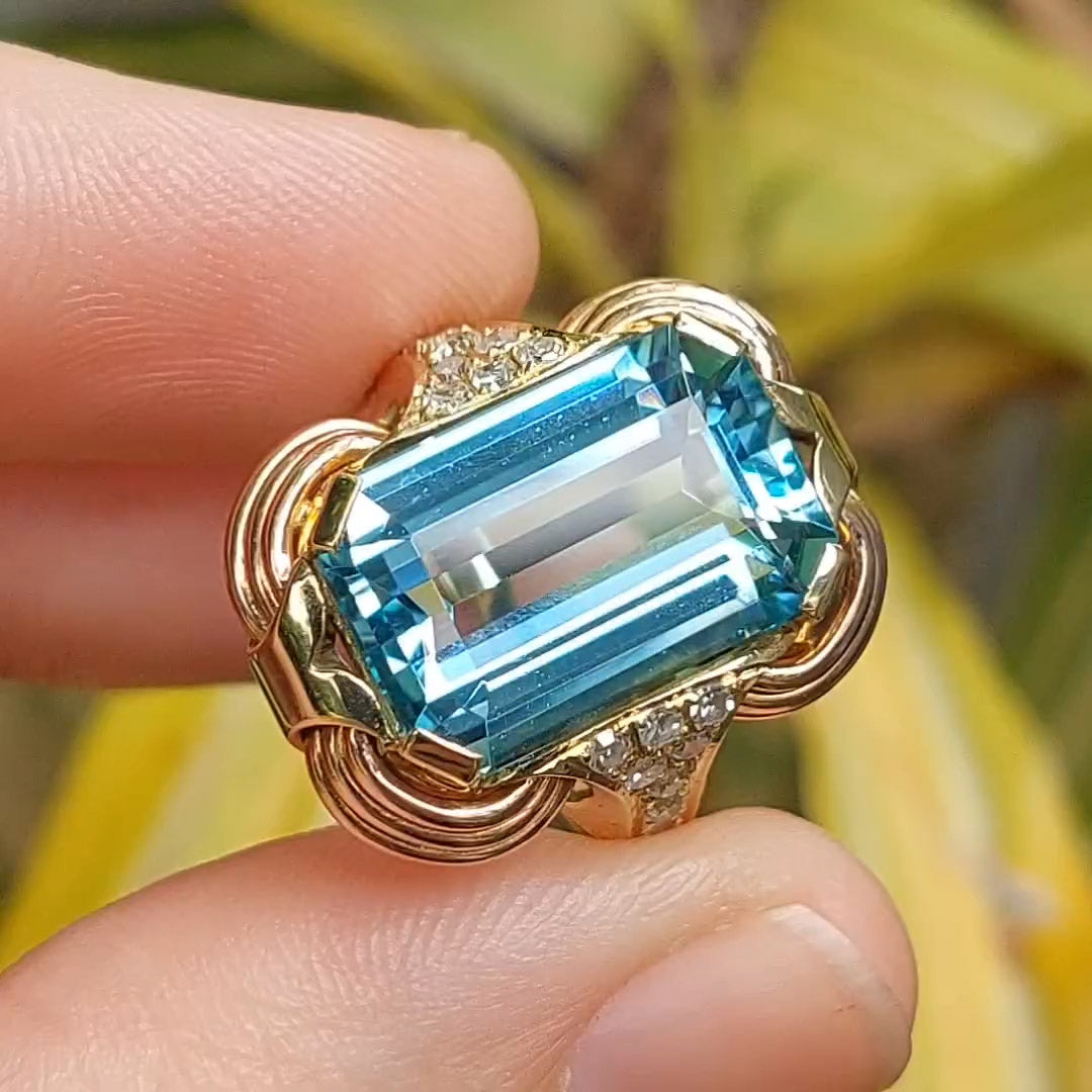 10.2ct Octagon Cut Aquamarine Vintage Rose Gold Ring -JOSHINY