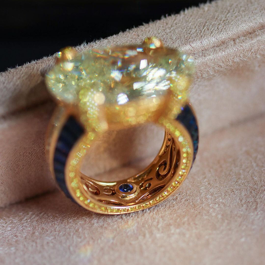 8.0ct Oval Cut Yellow and Blue Stones Ring -JOSHINY