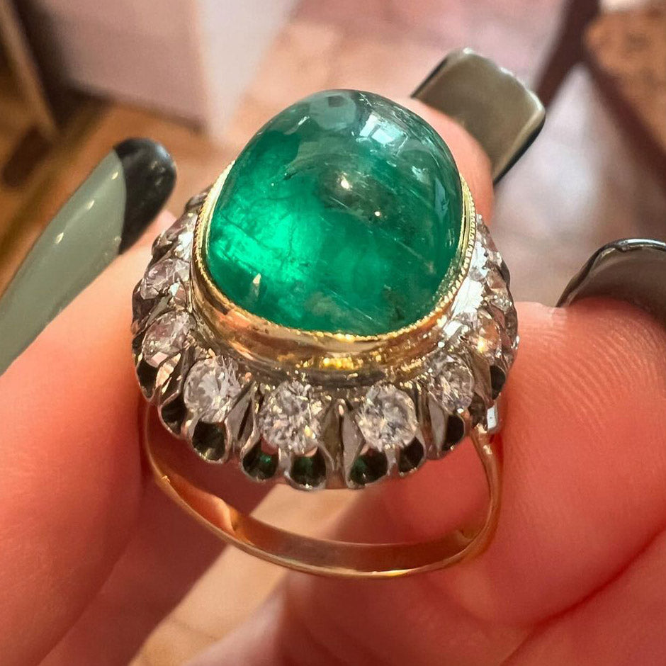 Giant 11ct Emerald Cabochon Vintage Style Ring -JOSHINY