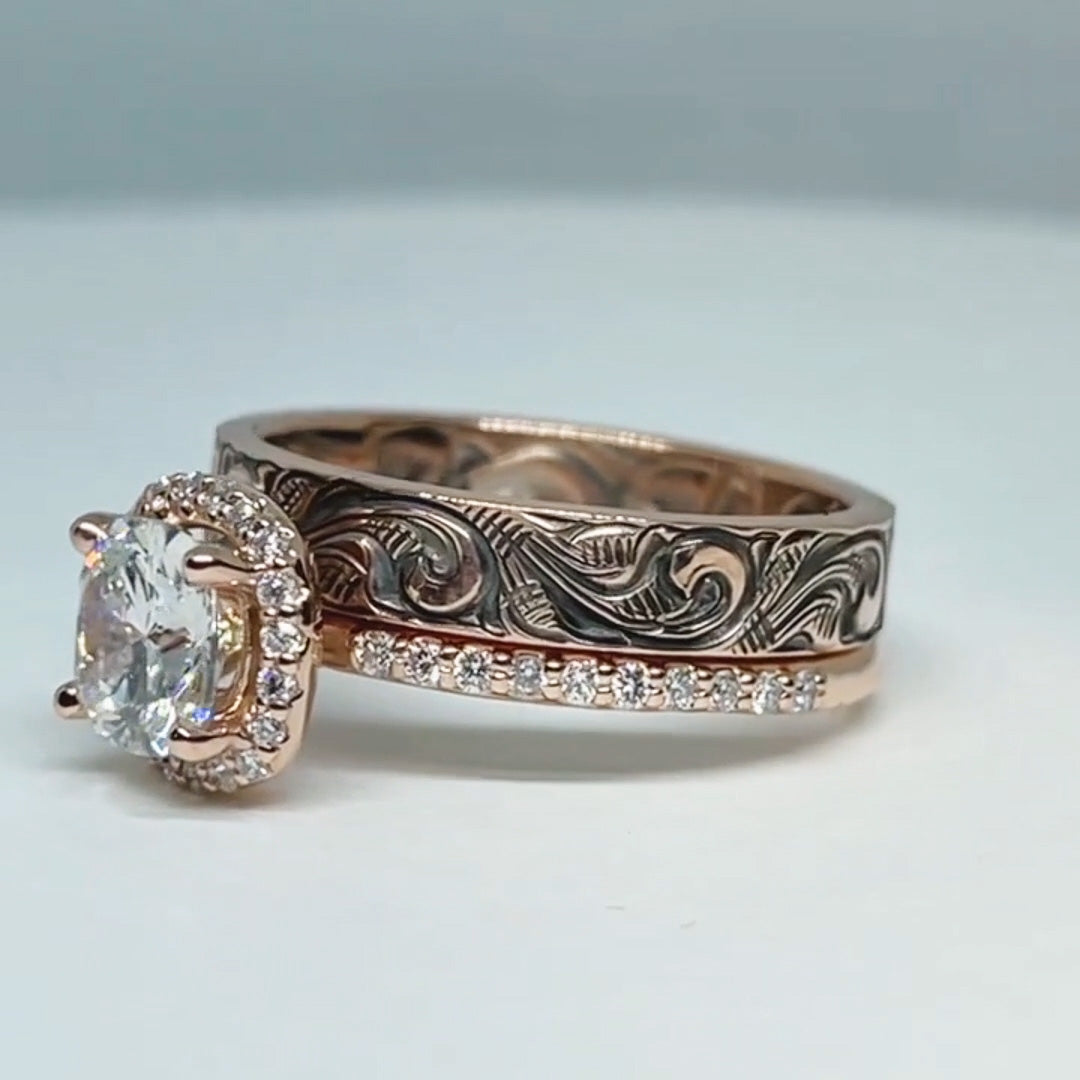 3.0ctw Cushion Cut Vintage Style Rose Gold Stacked Engagement Ring -JOSHINY