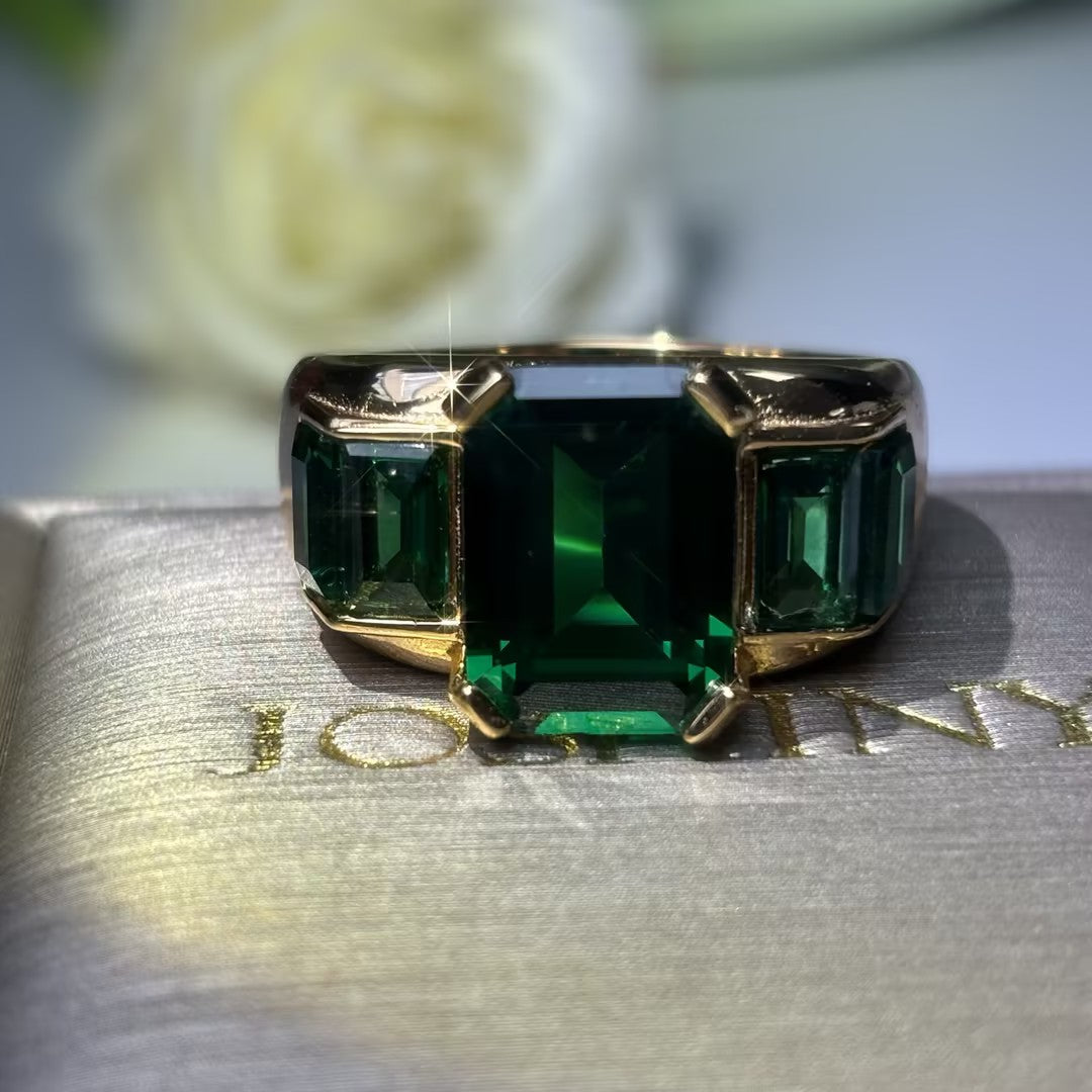 Legendary Octagonal Emerald Three-Stone Ring-JOSHINY