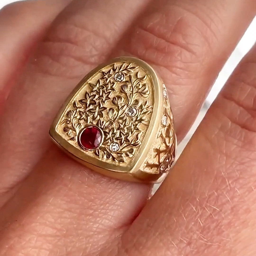 1.0ctw Hand Carved Ruby Gold Ring -JOSHINY