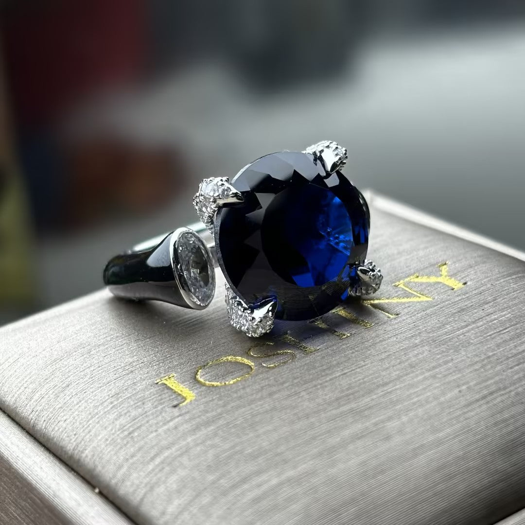 10Ctw Stunning Three-Stone Artistic Blue Gemstone Engagement Ring-JOSHINY