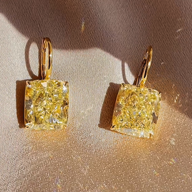 Simple 10 ctw Cushion Cut Yellow Gemstone Earrings -JOSHINY