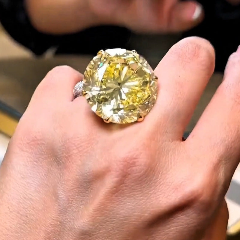 20.2ct Round Fancy Cut Yellow Gemstone Ring -JOSHINY