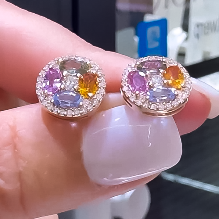 Stylish 2 ctw Oval & Round Cut Rainbow Stud Earrings -JOSHINY