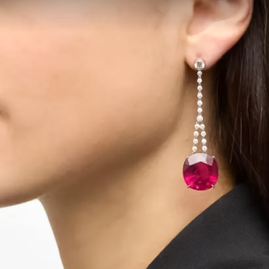 Elegant 6 ctw Cushion & Round Cut Ruby & White Gemstone Chandelier Earrings -JOSHINY