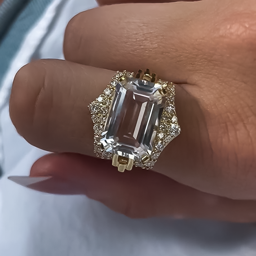 Unique 12 ctw Emerald Cut White Gemstone Engagement Ring -JOSHINY