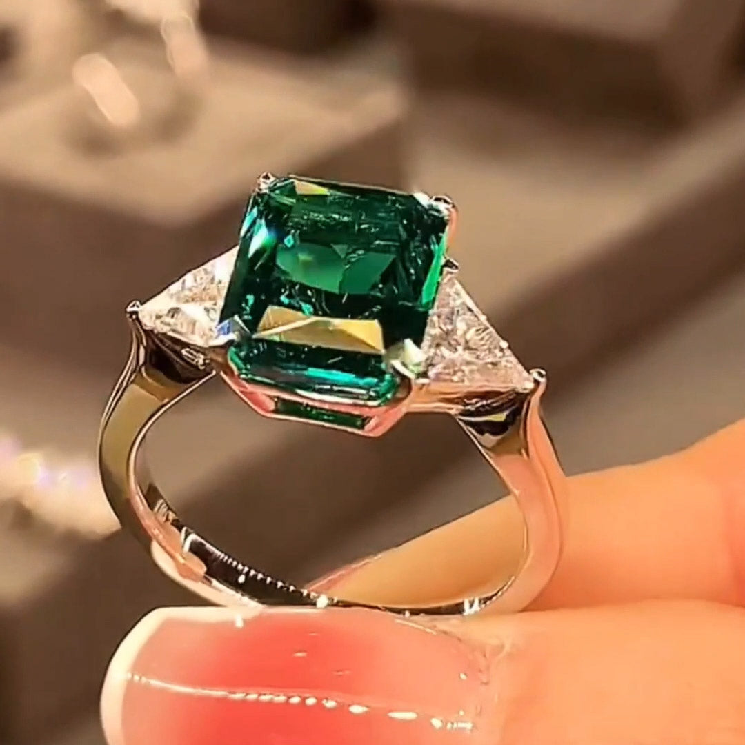 5ctw Radiant Cut Emerald Green Three Stone Ring -JOSHINY