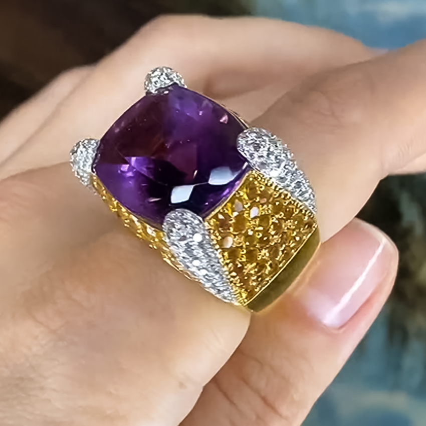 Unique 12 ctw Cushion & Round Cut Purple & Yellow & White Gemstone Pavé Cocktail Ring -JOSHINY