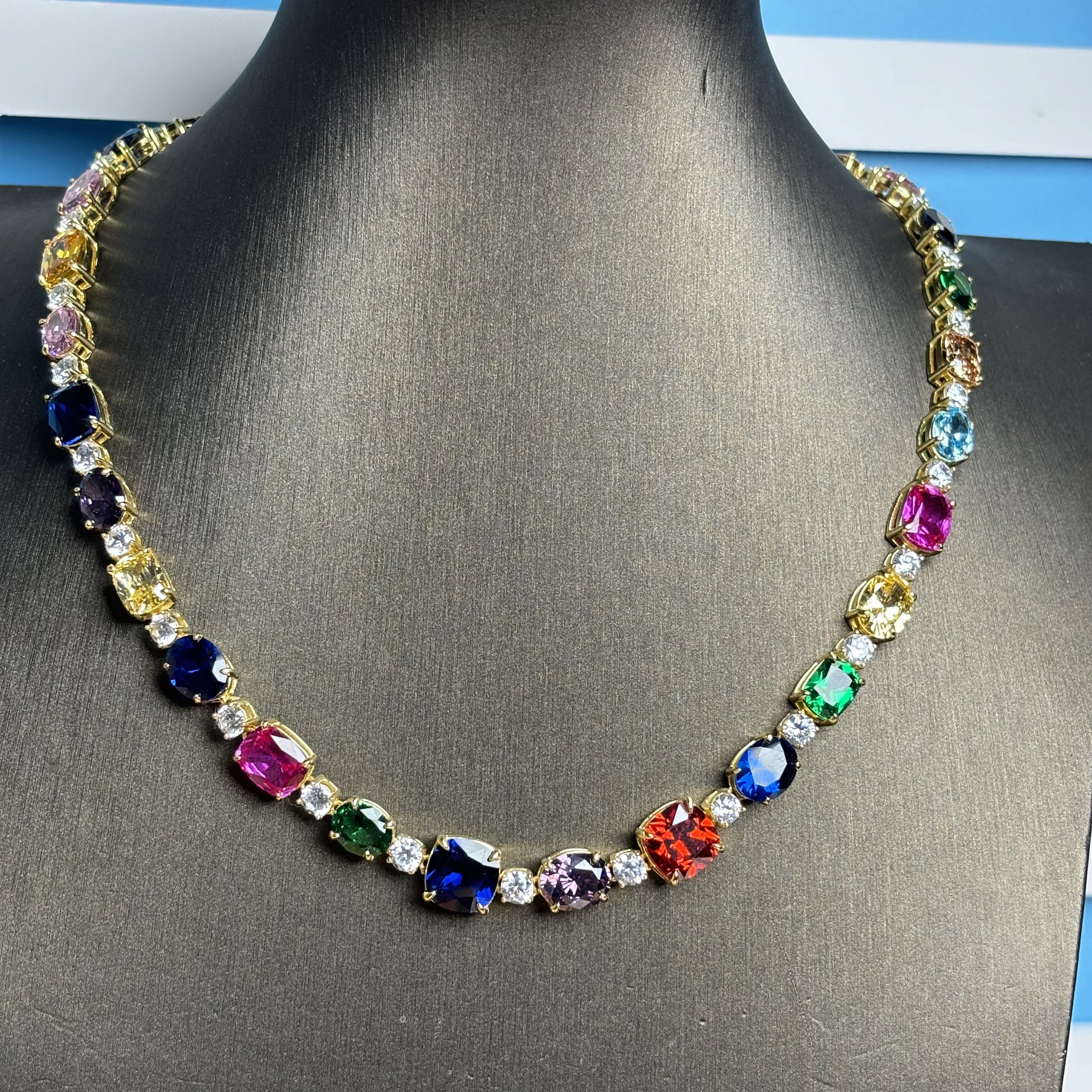 Cushion Oval Round Cut Multicolor Rainbow Necklace