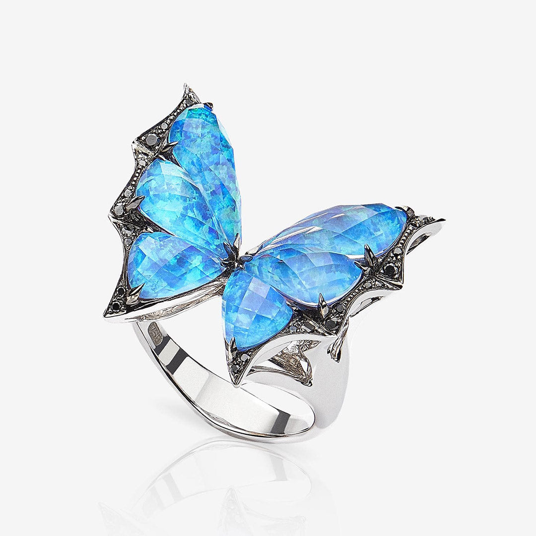 Blue opal crystal butterfly ring, necklace, and earring set-JOSHINY