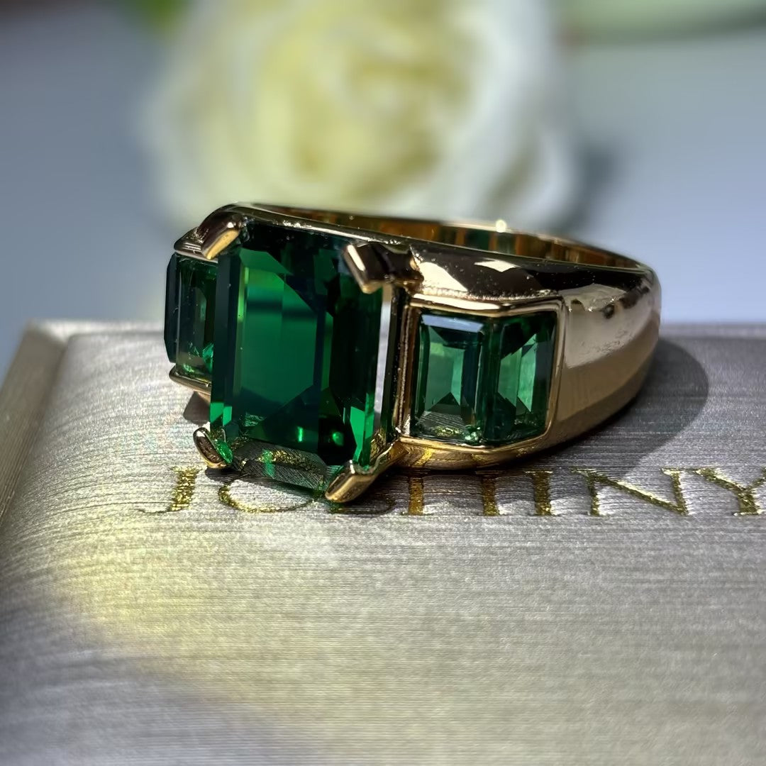 Legendary Octagonal Emerald Three-Stone Ring-JOSHINY