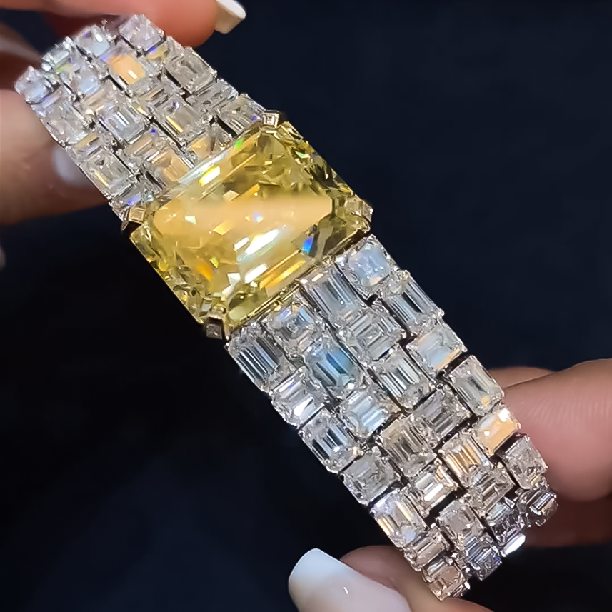 Gorgeous 18 ctw Emerald Cut Yellow & White Stone Full Set Bracelet -JOSHINY