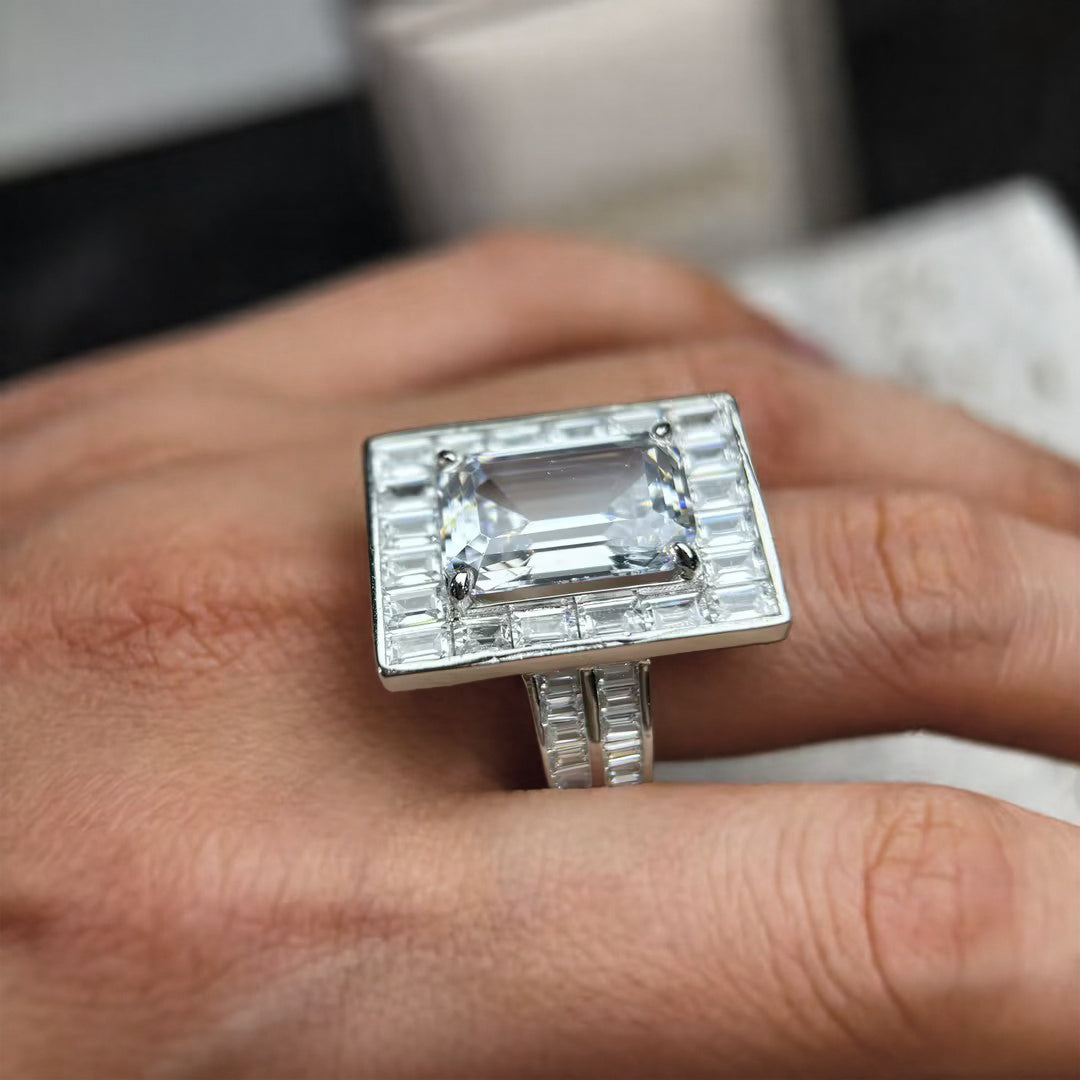 Unique 6 ctw Emerald Cut White Gemstone Engagement Ring -JOSHINY
