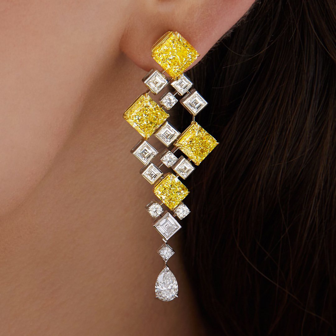 9ctw Yellow and White Asymmetric Patterned Gemstone Earrings -JOSHINY