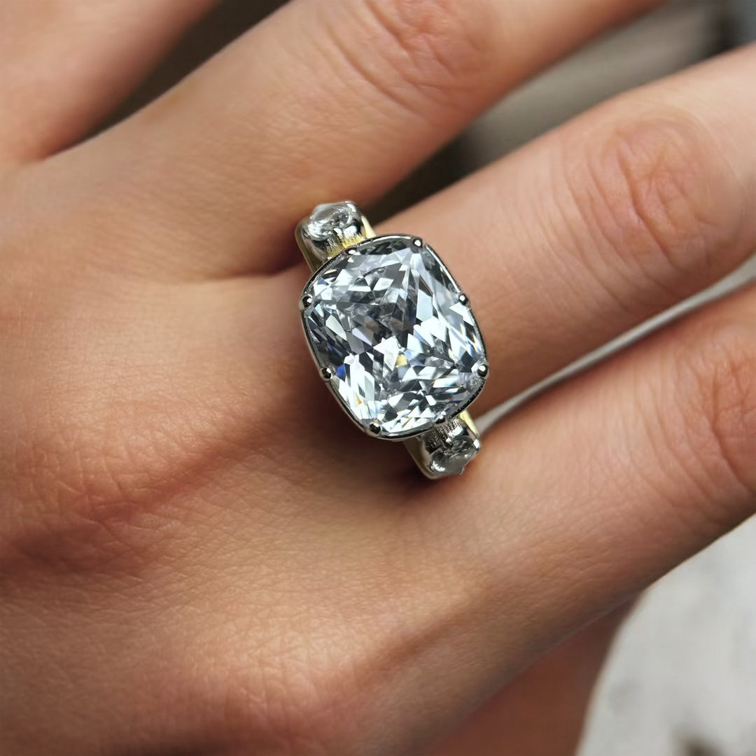 5ctw Elongated Cushion-Cut Signature Three-Stone Antique Ring-JOSHINY