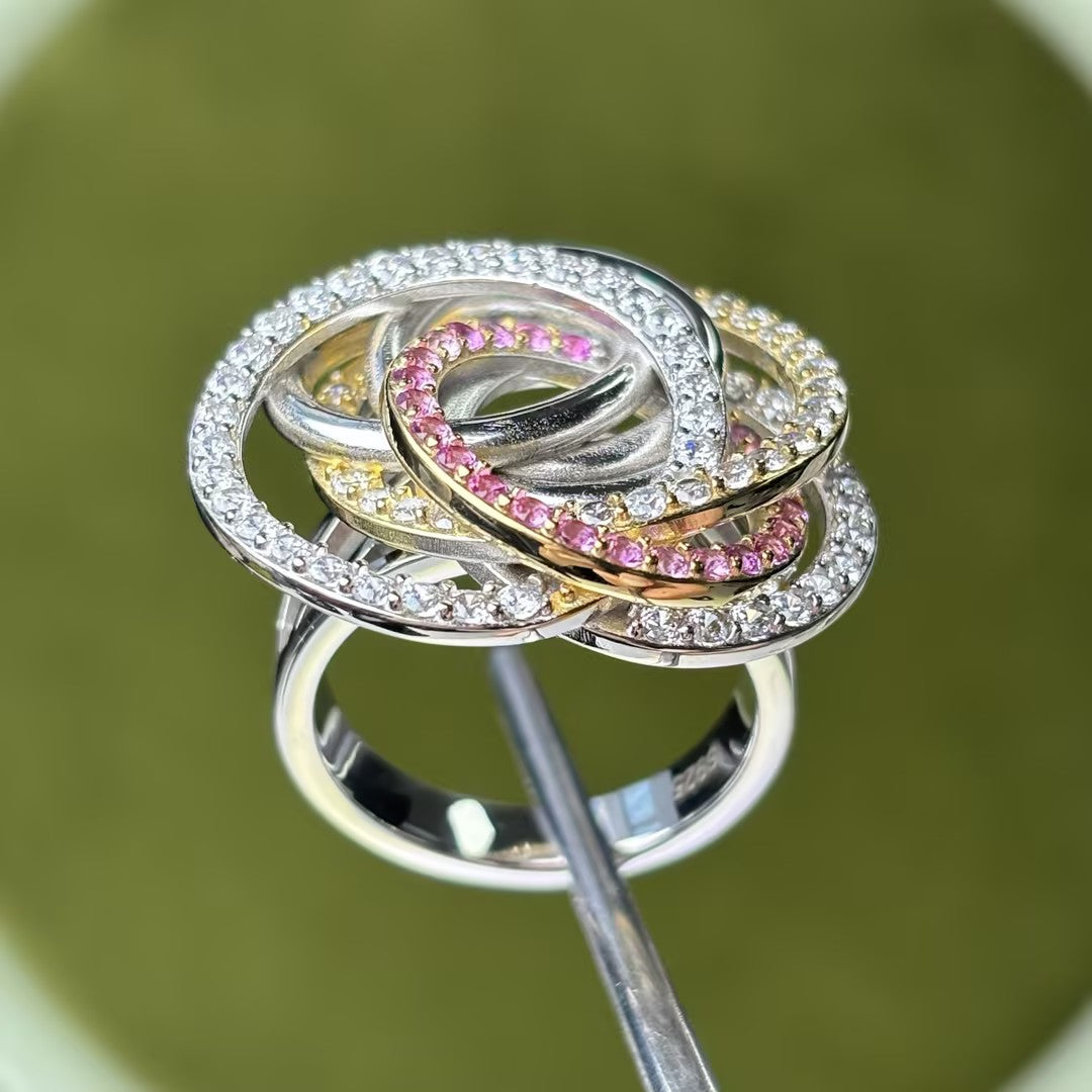 Unique 1 ctw Round Cut White & Pink Gemstone Two-Tone Ring -JOSHINY