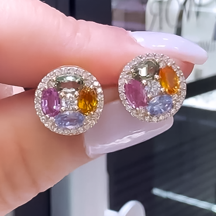 Stylish 2 ctw Oval & Round Cut Rainbow Stud Earrings -JOSHINY