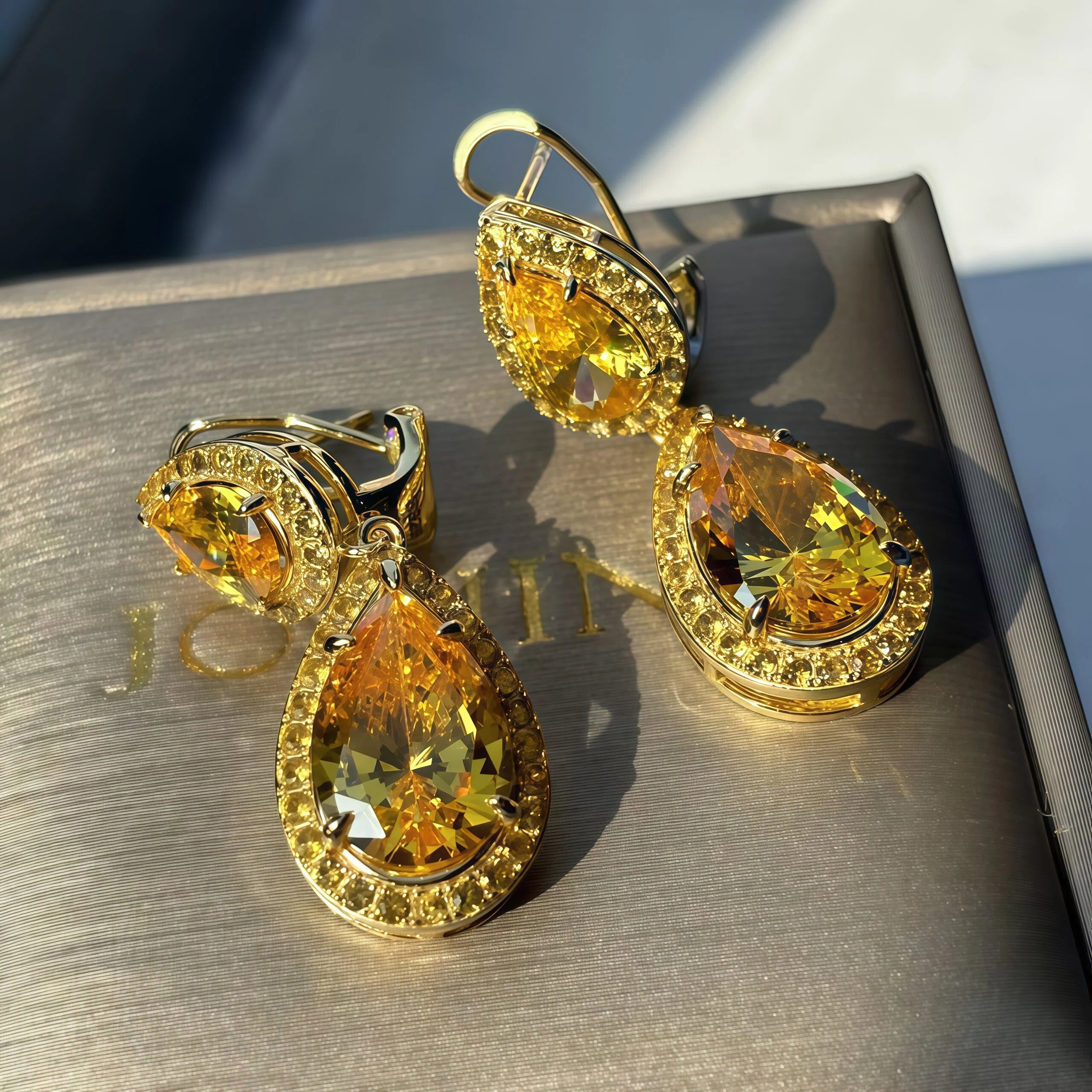 6.0Ctw Yellow Gemstone Teardrop Pendant Earrings-JOSHINY