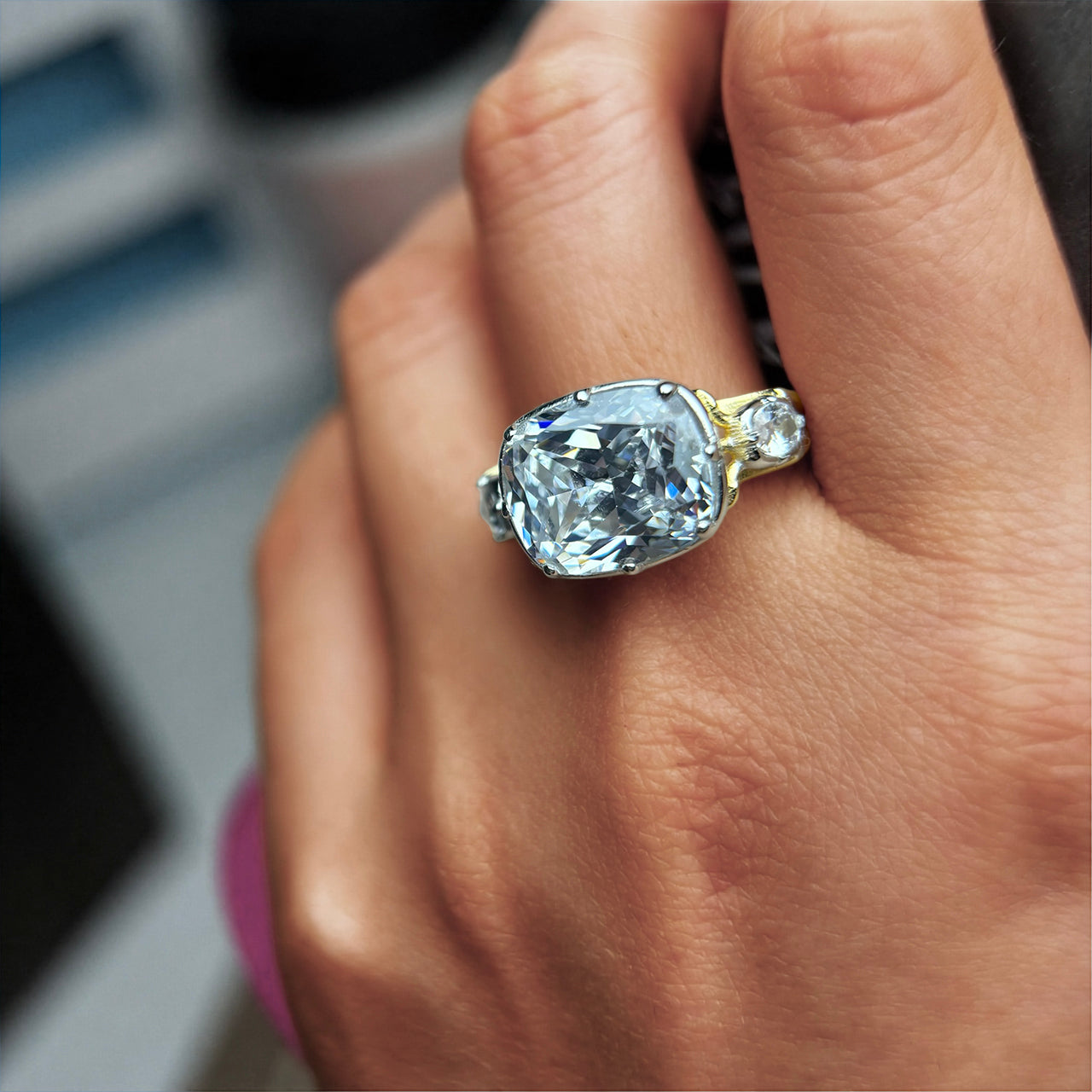 5ctw Elongated Cushion-Cut Signature Three-Stone Antique Ring-JOSHINY