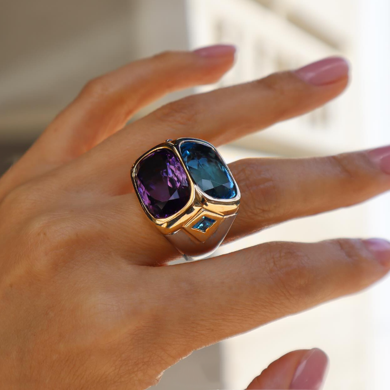 Unique 12 ctw Cushion Cut Blue & Purple & Yellow Gemstone Two Stone Cocktail Ring -JOSHINY