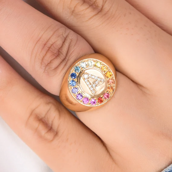 0.8ctw Rainbow Gemstone Letter Stamp Ring -JOSHINY