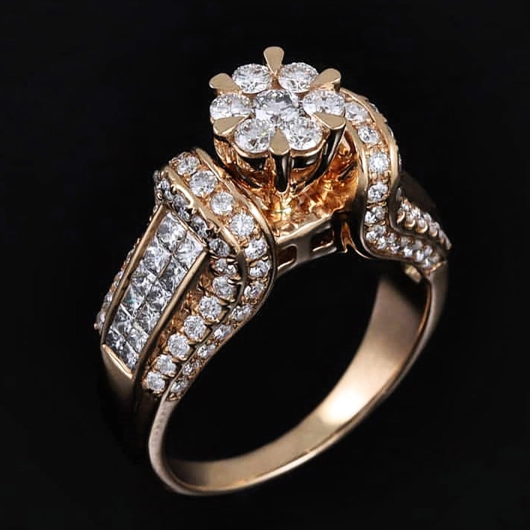 2.31ctw Round and Princess Cut Elegant Vintage Rose Gold Diamond Ring -JOSHINY