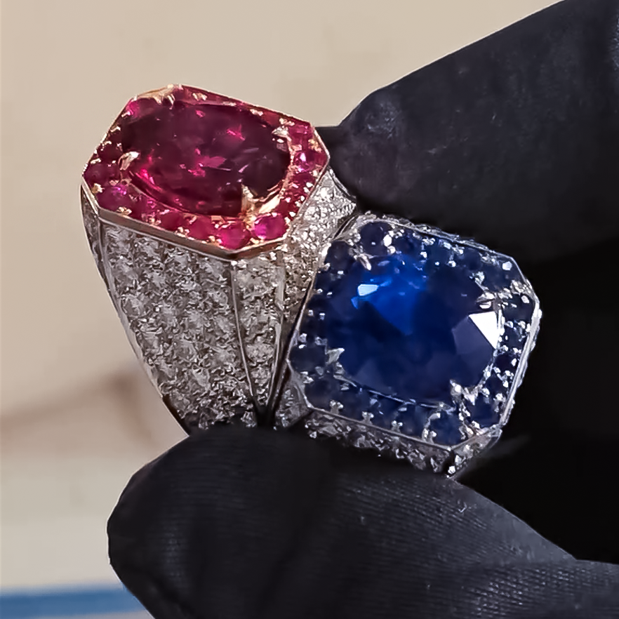 Noble 6 ctw Oval Cut Ruby & Sapphire Twin Stone Pavé Ring -JOSHINY