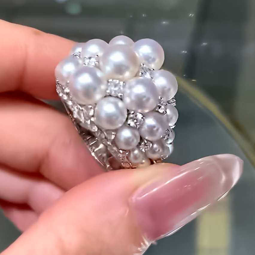 Elegant 2 ctw Round Cut White Gemstone & Pearl Cluster Cocktail Ring -JOSHINY