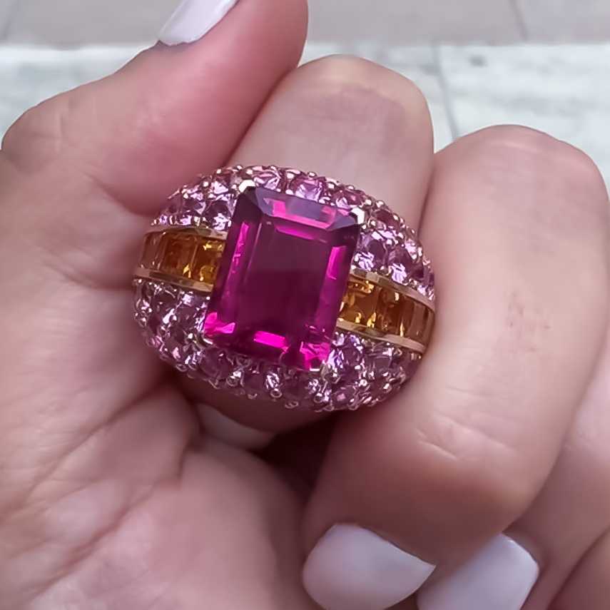 Fashionable 10 ctw Emerald Cut Sapphire & Ruby Two Tone Cocktail Ring -JOSHINY