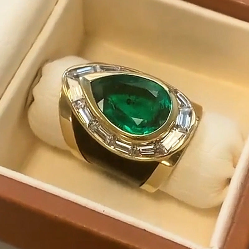 Spectacular 6.36ct Pear Cut Emerald Cigar Style Ring -JOSHINY