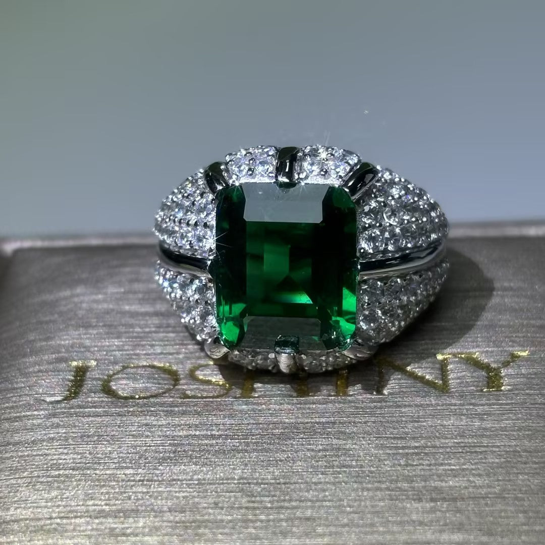 Elegant 8 ctw Emerald Cut Emerald Gemstone & Cushion Cut Sapphire Cocktail Ring -JOSHINY