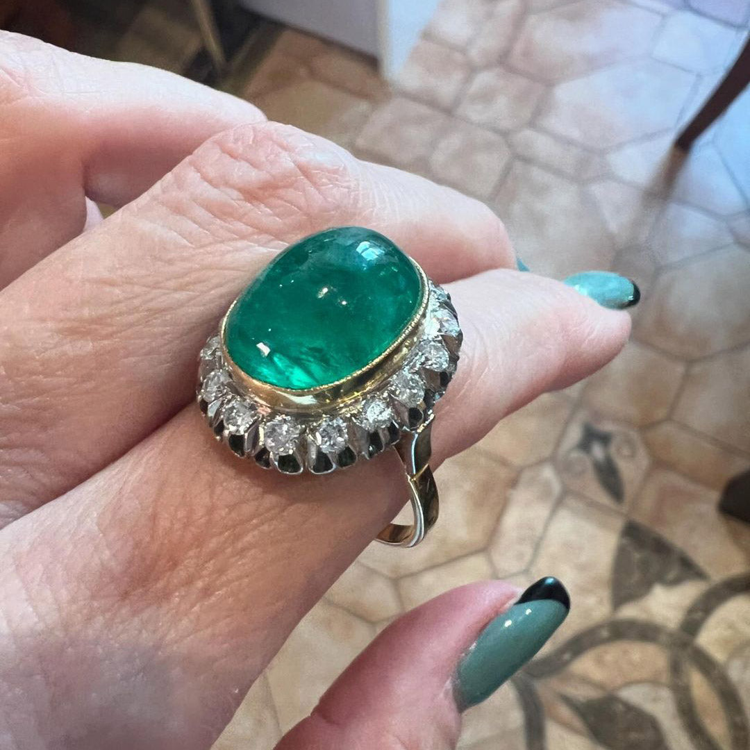 Giant 11ct Emerald Cabochon Vintage Style Ring -JOSHINY