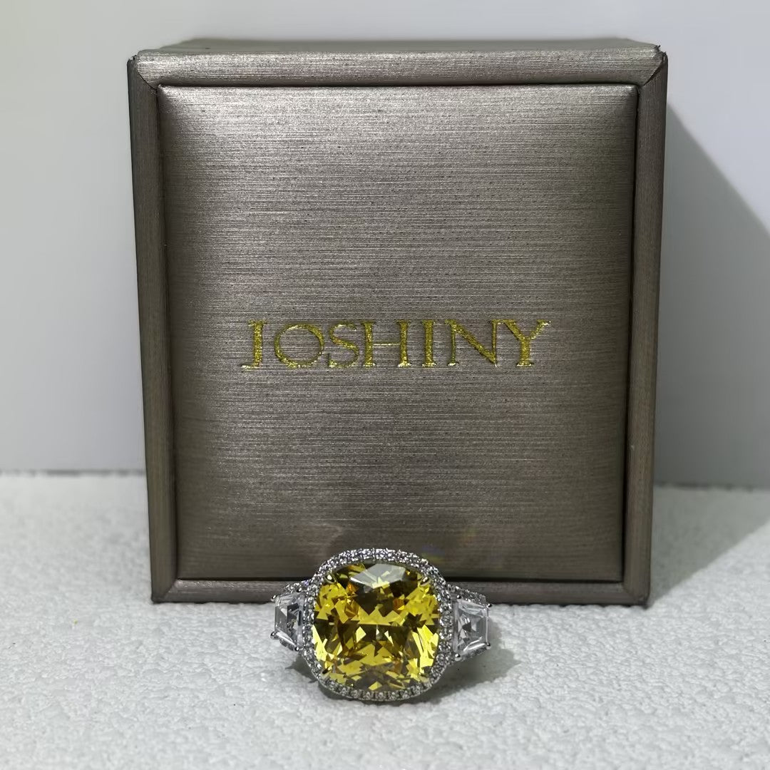 10.24 CTW Cushion Cut Yellow Cubic Zirconia 925 Sterling Silver Ring -JOSHINY