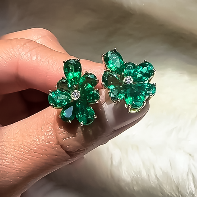 Exquisite 12 ctw Pear Cut Emerald Flower Earrings -JOSHINY