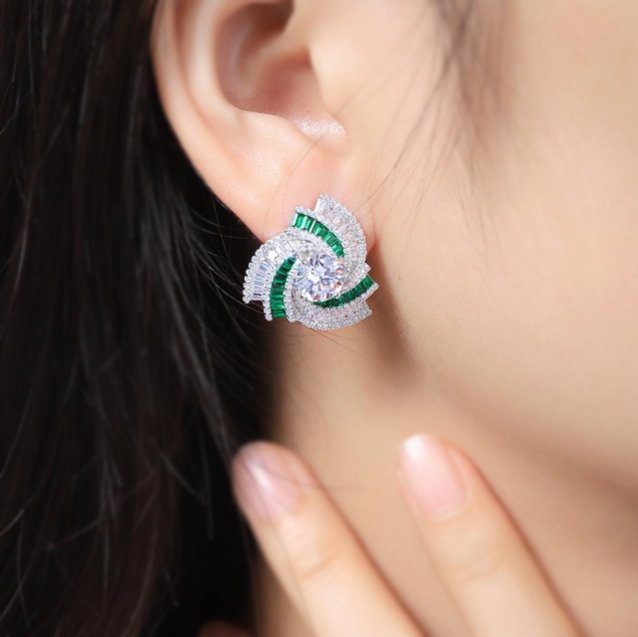 Elegant 8 ctw Round & Baguette Cut White Gemstone & Emerald Swirl Earrings -JOSHINY
