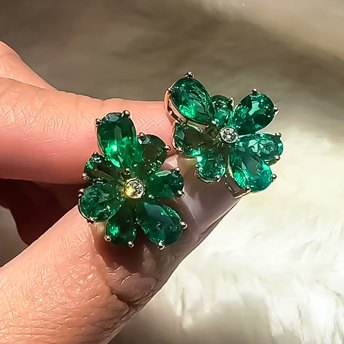 Exquisite 12 ctw Pear Cut Emerald Flower Earrings -JOSHINY