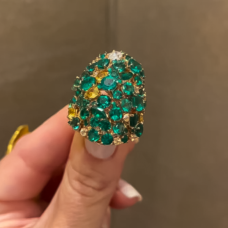 Elegant 12 ctw Multi-Cut Emerald & Yellow & White Gemstone Cluster Ring -JOSHINY