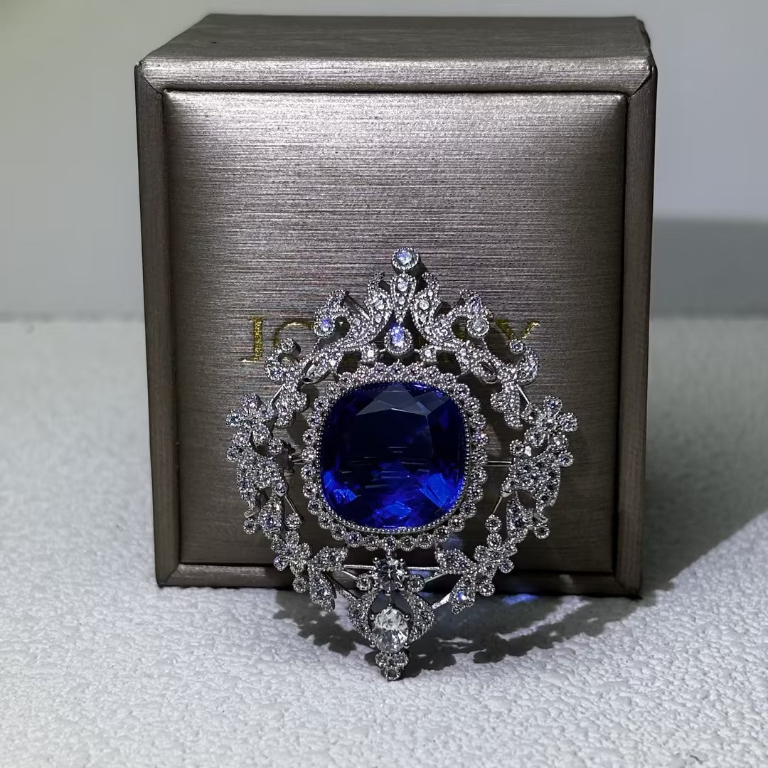 20 Ctw cushion cut blue cubic zirconia  925 sterling silver exquisite vintage brooch-JOSHINY