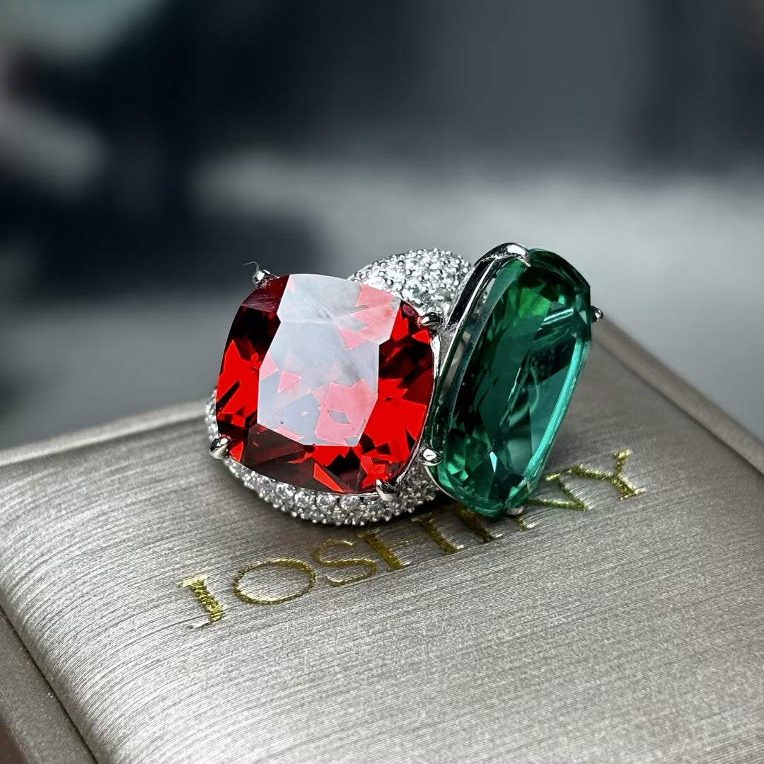 16 CTW Cushion Cut Green & Orange Cubic Zirconia 925 Sterling Silver Ring -JOSHINY